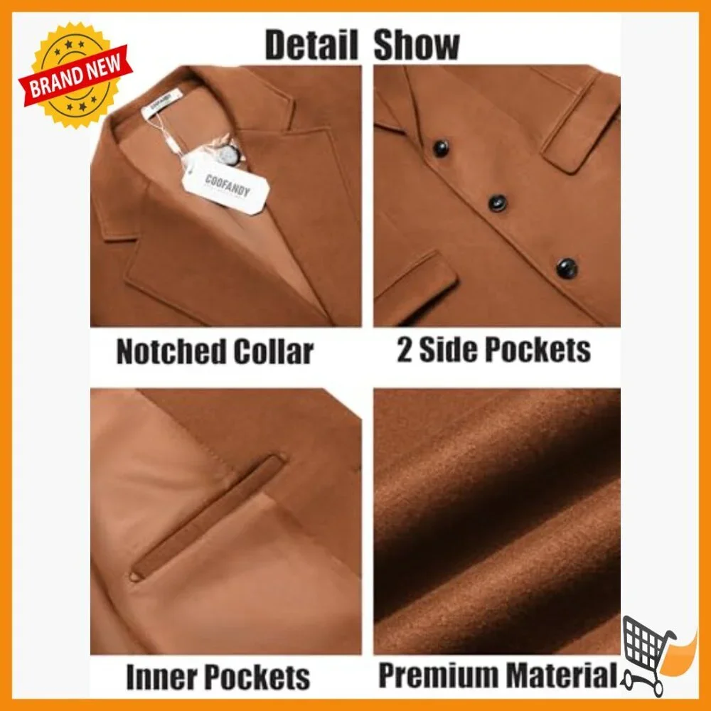 Men's Wool Blend Trench Coat Long Overcoat Notched Collar Classic Fit
